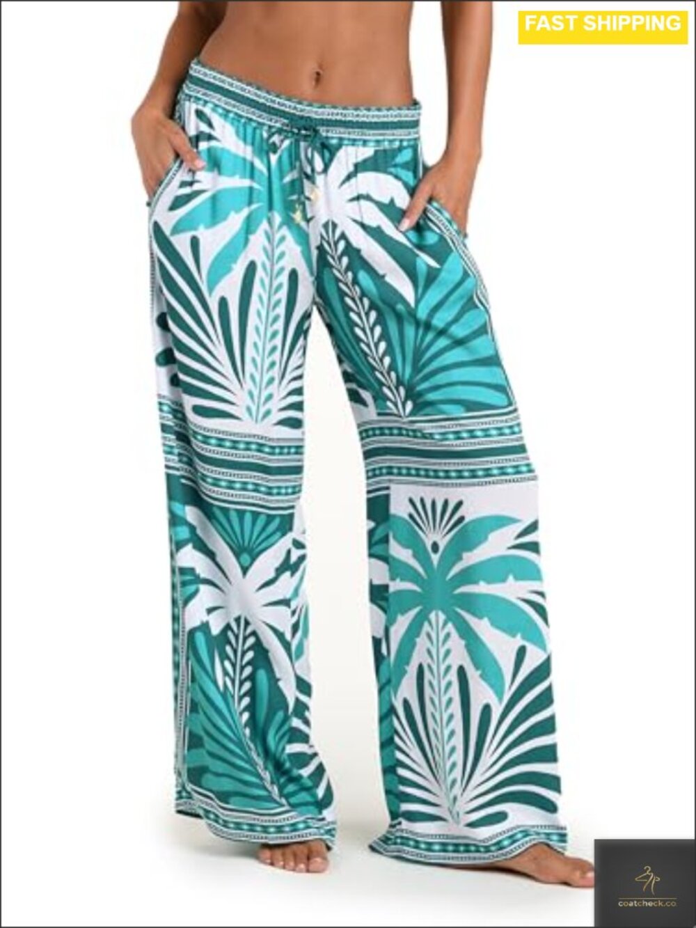 Wide Leg Palazzo Swim Cover Up Pants Pockets Tie Waist